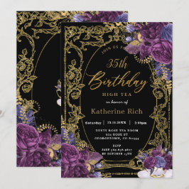 Djup Lila Blommigt Antique Guld Birthday Tea Party Inbjudningar