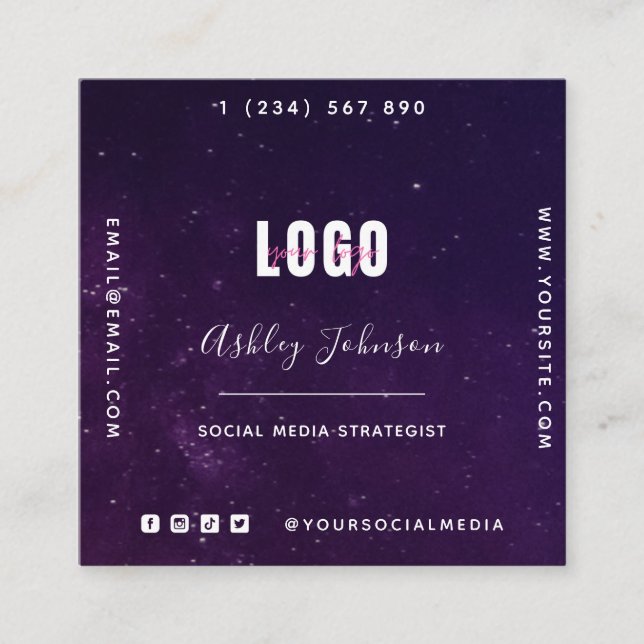 Djup Lila Galaxy Space Universe QR-kod och -Logoty Fyrkantigt Visitkort (Framsida)
