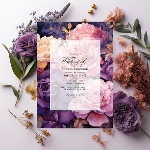 Djup Lila, Lavender och Ro Guld Blommigt Bröllop Inbjudningar