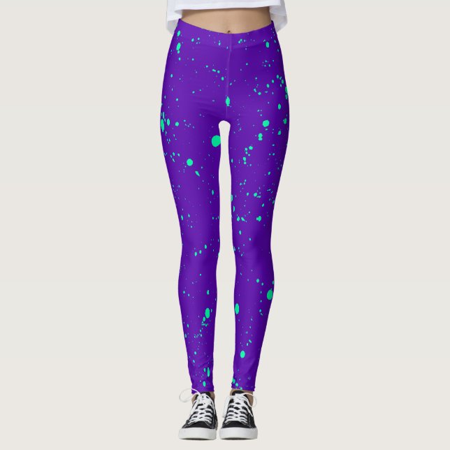 Djup Lila och Neon Grönt Paint Splatter Leggings (Framsida)