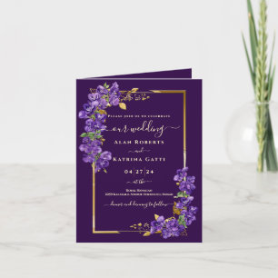 Djup Lila Violett Blommig Guld Ram Vikad Inbjudan