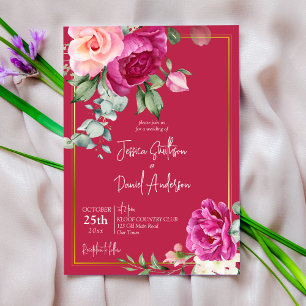 Djup magenta blommigt elegant bröllop inbjudningar