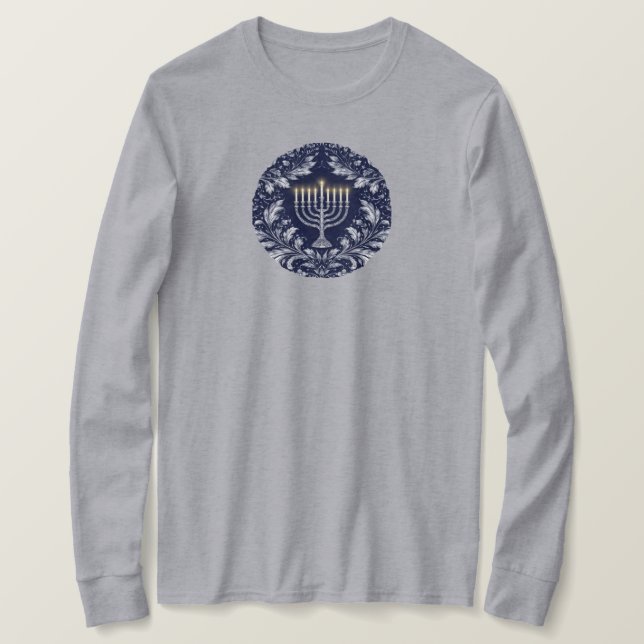 Djup Marinblå Menorah William Morris Mönster T Shirt (Design framsida)