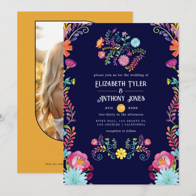 Djup marinblå och ringblomma Mexikansk Fiesta Bröl Inbjudningar (Fram/baksida)