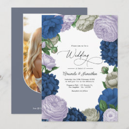 Djup Navy, Mjuk Lilac & Cloud Gray Blommig Bröllop Inbjudningar