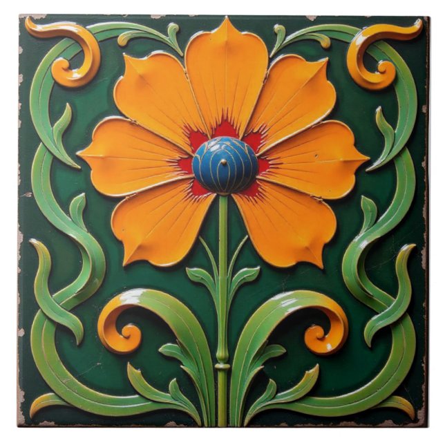 Djup Orange - blomma Kakelplatta (Framsidan)