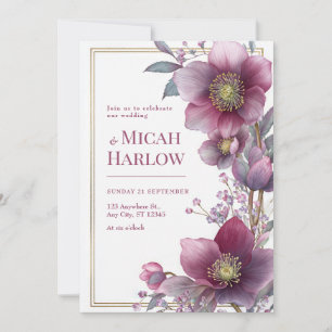 Djup Plommon Hellebore Botanisk Guld Ram Bröllop Inbjudningar