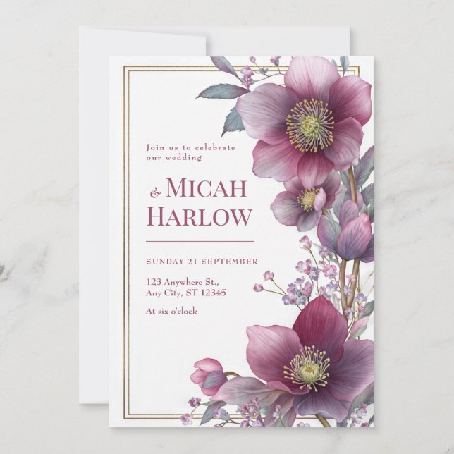 Djup Plommon Hellebore Botanisk Guld Ram Bröllop Inbjudningar (Framsida)