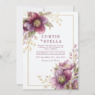 Djup Plommon Hellebore Guld Glitter Girlang Bröllo Inbjudningar