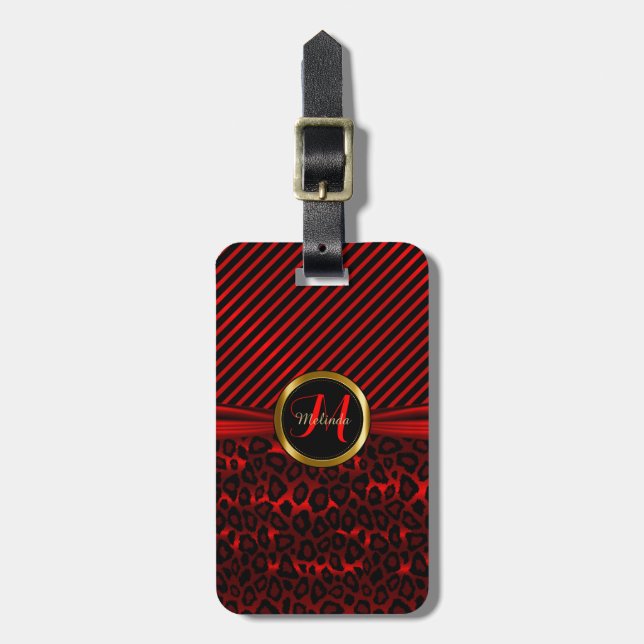 Djup Red Leopard Animal Mönster - Monogram Bagagebricka (Vertikal Framsida)