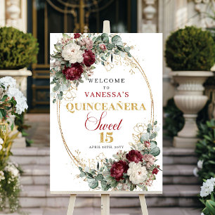 Djup röd burgunderfärgad blomsterguld Quinceanera Poster