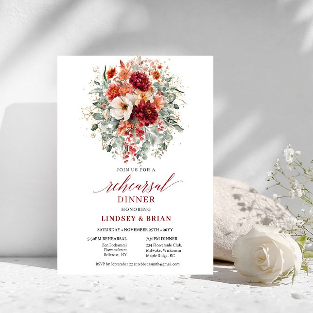Djup Röd Marsala Blommig Övningmiddagsinbjudan Inbjudningar (Deep Red Marsala Floral Rehearsal Dinner Invitation

)