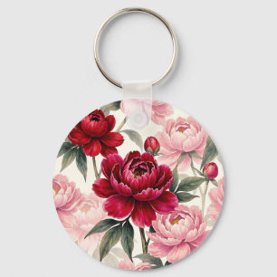 Djup röd och rosa peoniblommig akvarellmönster nyckelring