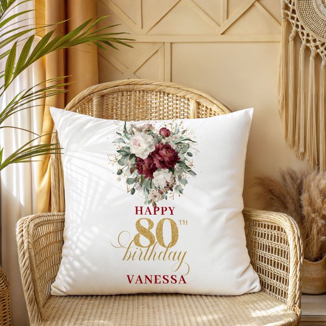 Djup röd rosé burgunder 80-årsdags kudde (Deep Red Blush Burgundy 80th Birthday Pillow)