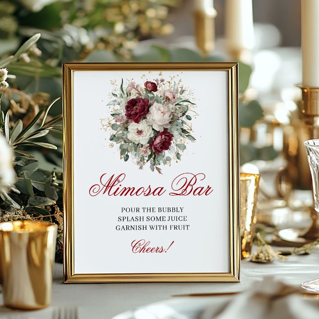 Djup röd rosé burgunder Mimosa Bar Bordskylt Poster (Deep Red Blush Burgundy Mimosa Bar Tabletop Sign)