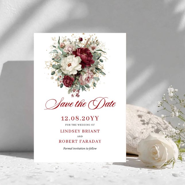 Djup röd rosé Burgundy Blommig Spara Datum Datumet (Deep Red Blush Burgundy Floral Save The Date)
