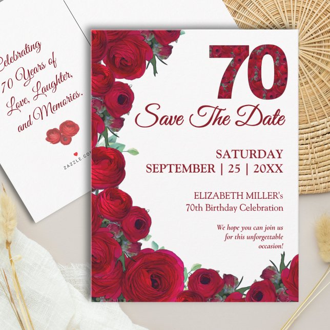 Djup Röda Blommor 70-årsfirande Save the Date Meddelande Vykort (Skapare uppladdad)