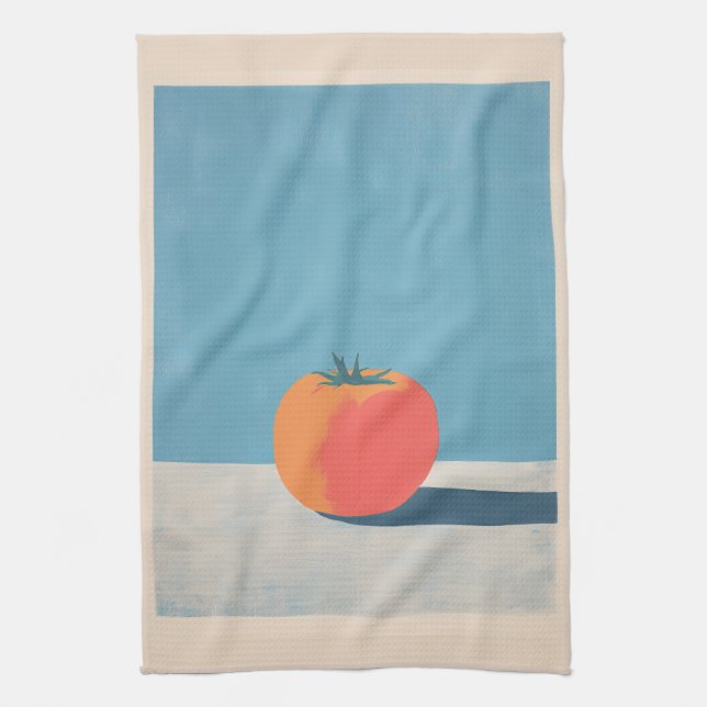 Djup Rödtomate på Blå Minimalistisk Konst Kökshandduk (Vertikal)