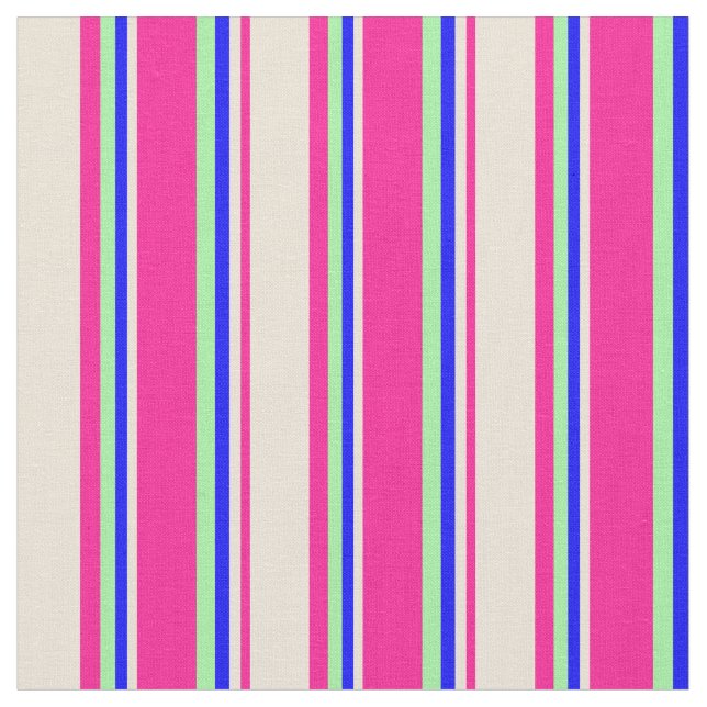Djup Rosa, Bisque, Blue & Grönt Färgad Rand Tyg (Närbild)