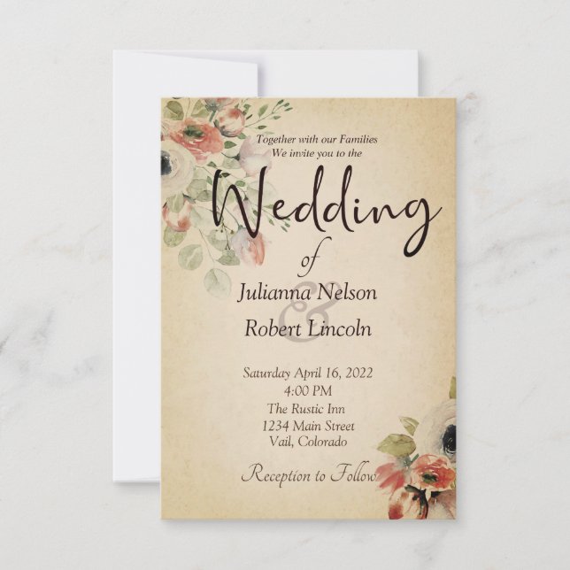 Djup rosa blommigt på inbjudan till föräldrabröllo (Framsida)