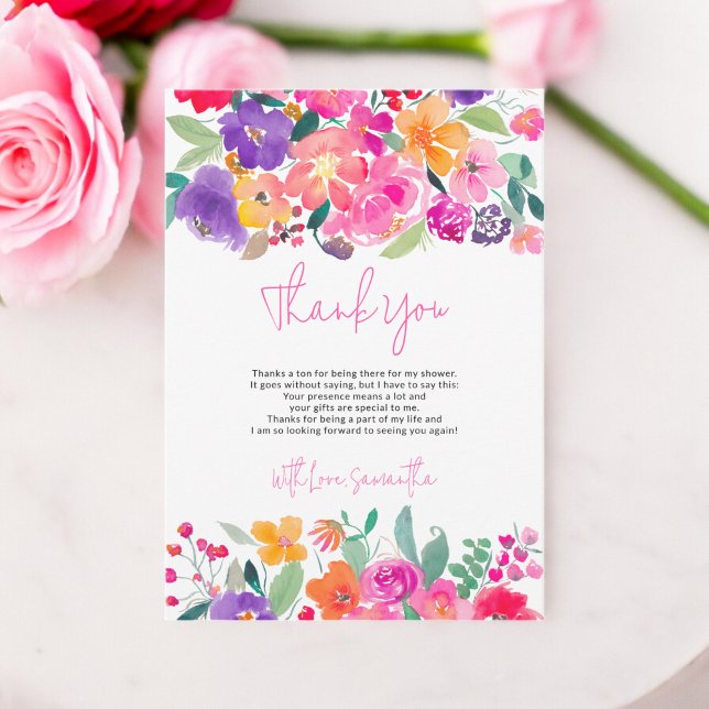 Djup rosa blomster vattenfärg bröllopsdusch tack kort (Bold bright pink floral watercolor bridal shower thank you card)