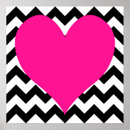 Djup Rosa Heart på Black and White Zigzag Poster