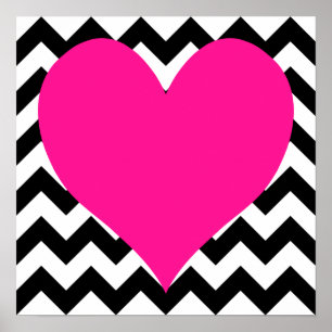 Djup Rosa Heart på Black and White Zigzag Poster