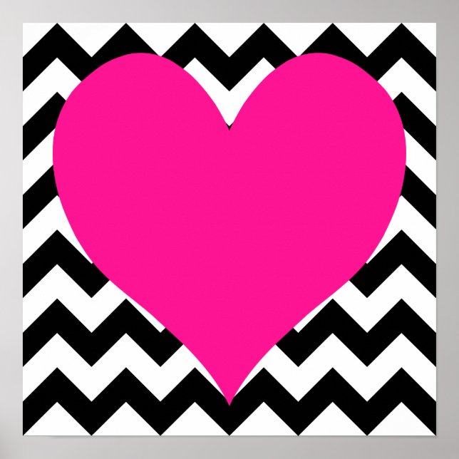 Djup Rosa Heart på Black and White Zigzag Poster (Framsidan)