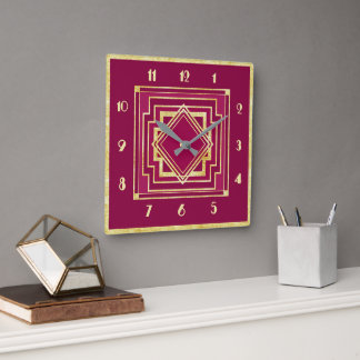 Djup Rosa och Blek Guld Art Deco Square Clock Fyrkantig Klocka