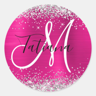 Djup Rosa Ombre Foil Silver Glitter Monogram Runt Klistermärke