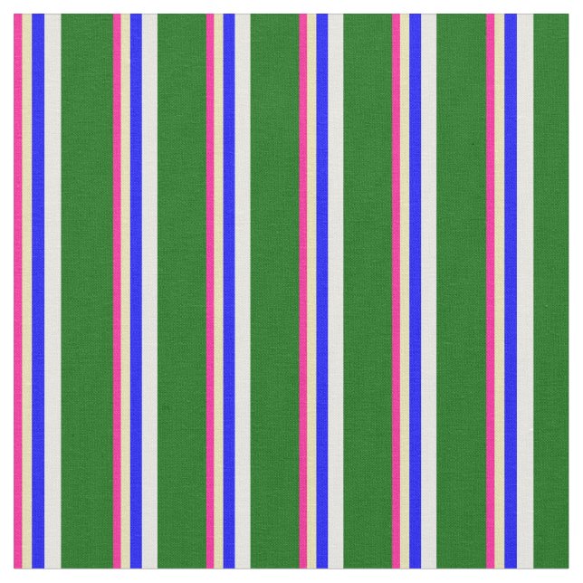 Djup Rosa, Tan, Blue, White & Mörk grönt Linjer Tyg (Närbild)