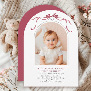 Djup rosabåge flicka 1-års födelsedagsbåge foto inbjudningar