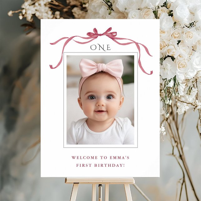 Djup rosaröd rosett flicka 1-års välkomstskylt poster (Skapare uppladdad)