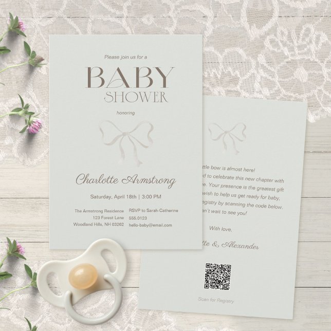 Djup Sagegrön Akvarellbåge Baby Shower Inbjudningar (Deep Sage Green Watercolor Bow Baby Shower Invitation ©Susanne Sachers - Sunny Mind 🌞)