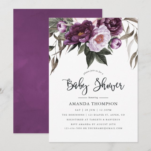 Djup Sammet Blommig Baby Shower Inbjudningar (Fram/baksida)