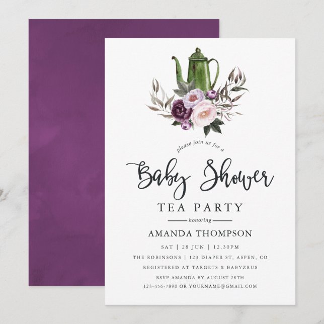 Djup sammetsblomma baby shower teparty inbjudningar (Fram/baksida)