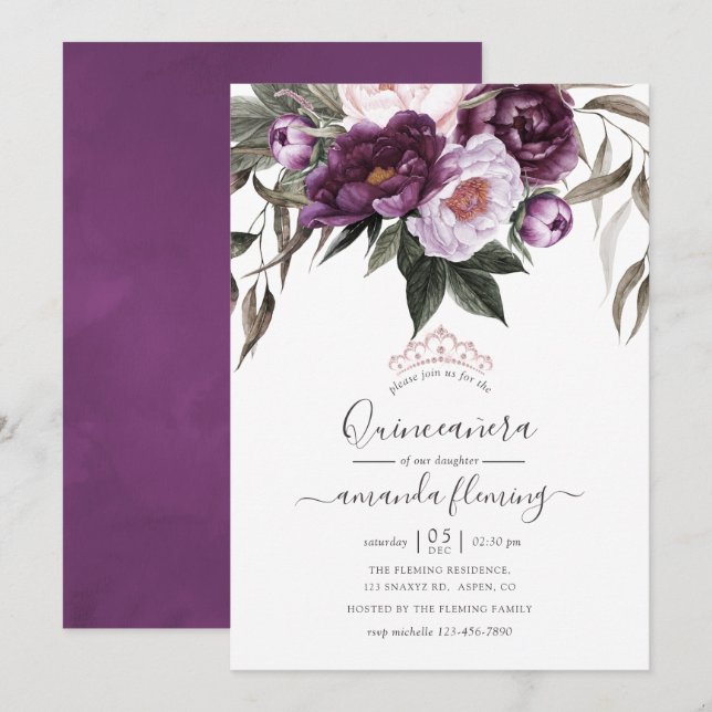 Djup sammetsblomma Quinceañera Inbjudningar (Fram/baksida)