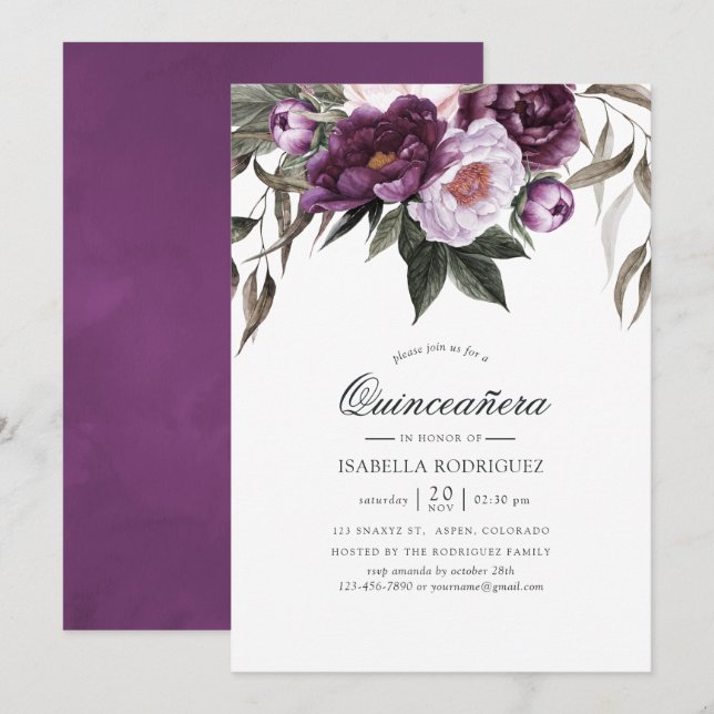 Djup sammetsblomma Quinceañera Inbjudningar (Fram/baksida)