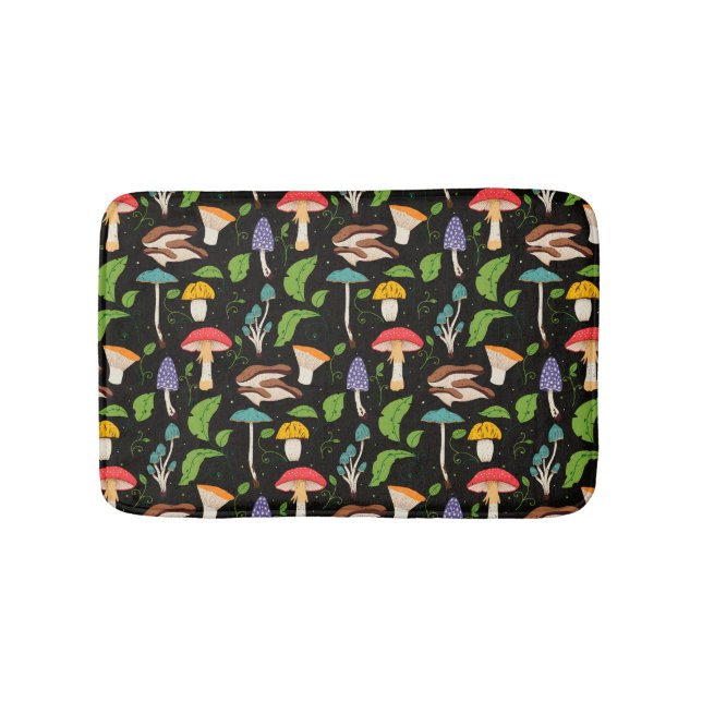 Djup Skogs Magi: Färgrika Svampar på Svart Badrumsmatta (Framsidan)