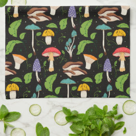 Djup Skogsmagi: Färgrika Svampar på Svart Kökshandduk