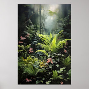 Djup skogsormbunke, skogklädd dyster väggutskrift, poster