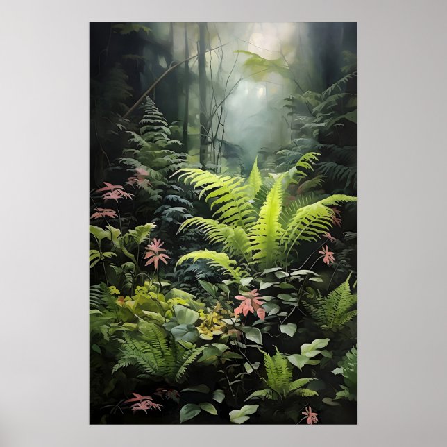 Djup skogsormbunke, skogklädd dyster väggutskrift, poster (Framsidan)