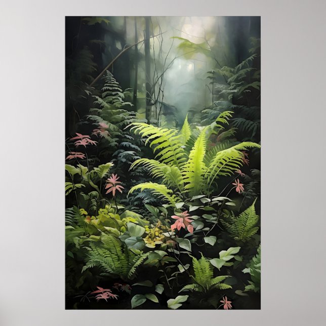 Djup Skogsormbunt, Skoglandskap Mörkt Väggtryck, M Poster (Framsidan)