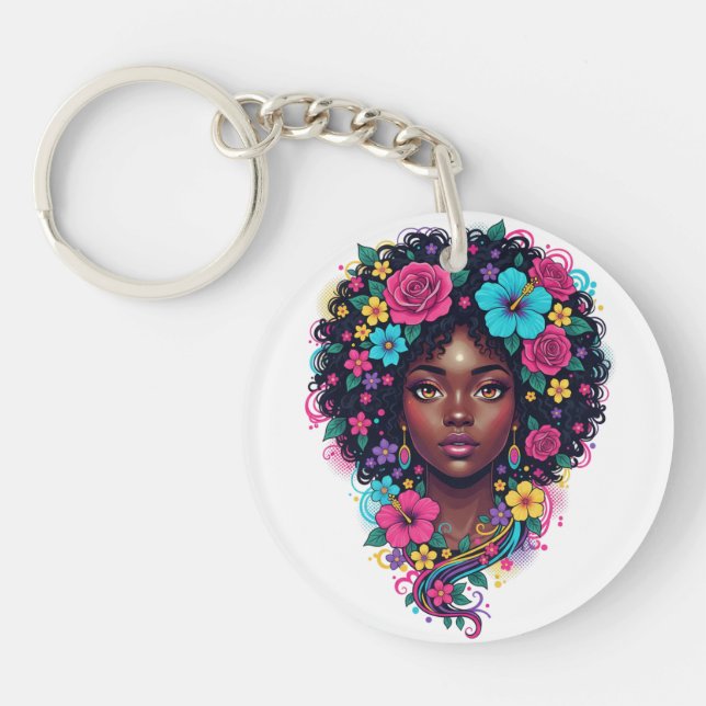 Djup svart kvinna med ljust blomsterprydd afro (Framsidan)