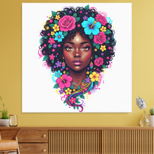 Djup svart kvinna med ljust blomsterprydd afro canvastryck