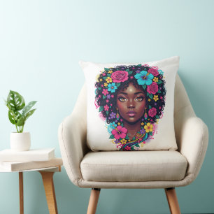 Djup svart kvinna med ljust blomsterprydd afro kudde