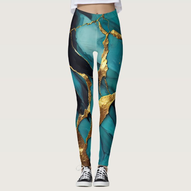 Djup Teal Marmor med Djärva Guldådror Leggings (Framsida)