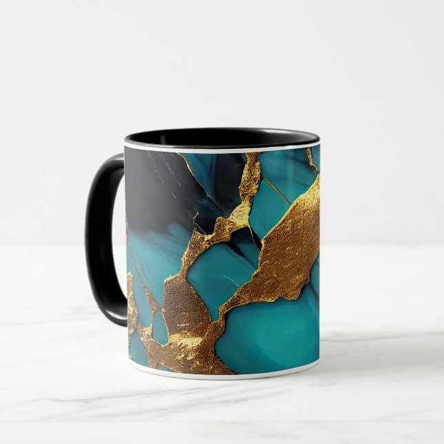Djup Teal Marmor med Djärva Guldådror Mugg (Framsida vänster)