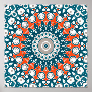 Djup Teal och Korall Symmetrisk Mandala Poster