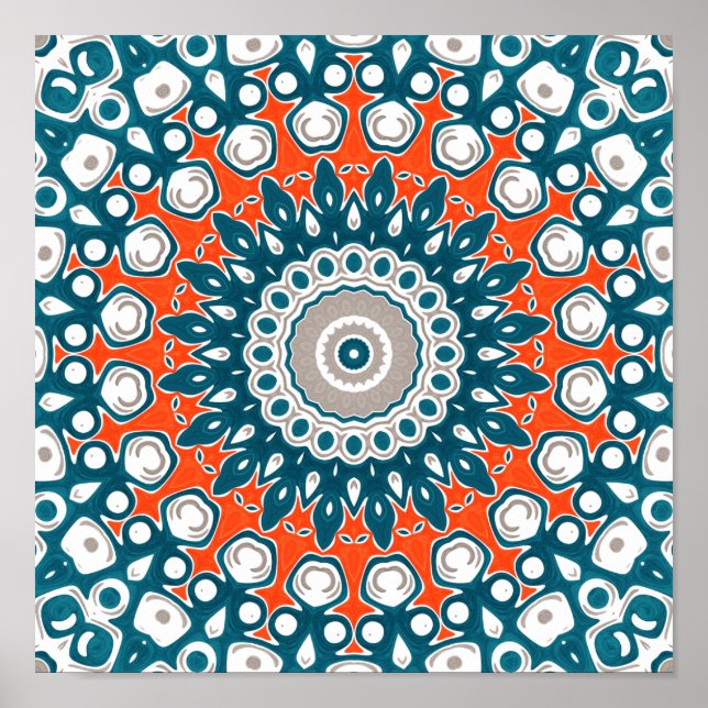 Djup Teal och Korall Symmetrisk Mandala Poster (Framsidan)